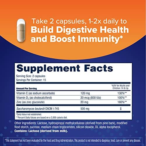 Florastor Advanced Immunity Boost Daily Probiotic & Immune Support Supplement for Women and Men, Saccharomyces Boulardii CNCM I-745 Plus Zinc, Vitamin C & D3 (30 Capsules)