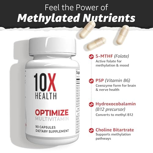 10X Health Optimize Methylated Multivitamin for Men - 90 Capsules, 34 in 1 Formula with 800 mcg of Vitamin B12, 5-MTHF, NAC - Methyl B Complex
