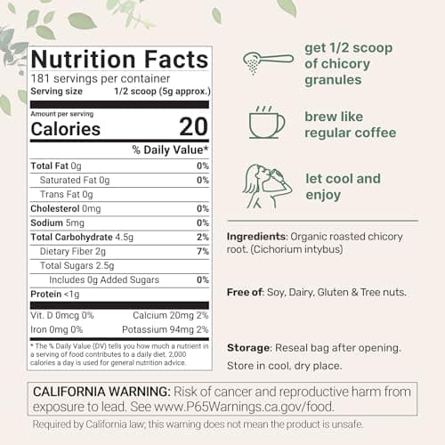 Organic French Chicory Root, 2lbs | Roasted Chicory Granule | Brews like Regular Coffee | Caffeine Free Coffee Substitute | Rich in Prebiotic Fiber | Non-GMO
