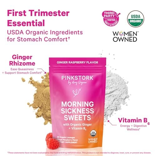 Pink Stork Morning Sickness Sweets, Organic Raspberry Ginger Candy with Vitamin B6, Support for Motion Sickness, Prenatal Heartburn - Pregnancy Must Haves - 30 Wrapped Drops