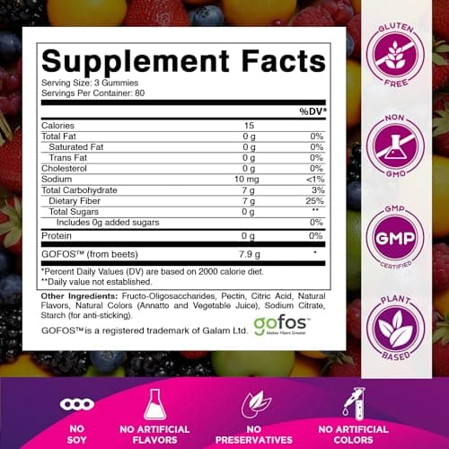 Vitamatic Prebiotic Fiber Gummies for Adults, 7G Extra Strength, Zero Sugar Added, 240 Pectin Based Gummies, Digestive Health & Regularity Support