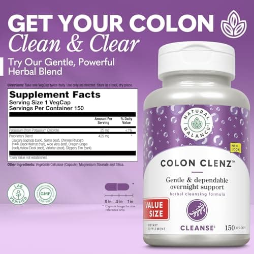 Natural Balance Colon Clenz | Herbal Colon Cleanse & Detox Supplement | Gentle & Dependable Overnight Formula | 150 Capsules