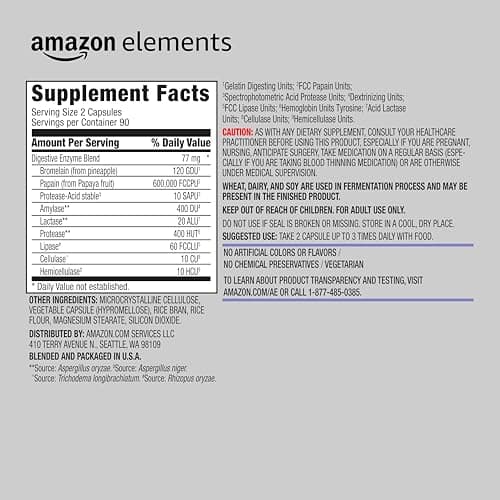 Amazon Elements Digestive Enzyme Complex, Vegetarian, Supports Healthy Digestion, 180 Capsules (Previously Revly)