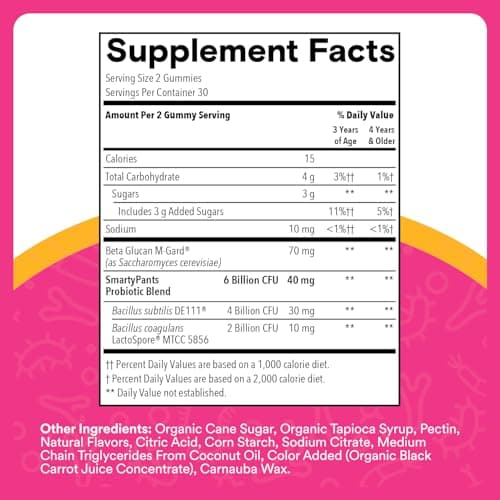 SmartyPants Kids Probiotic & Prebiotic Gummies for Digestive Health: Gut Health Supplement, Clinically Studied Prebiotic for Immune Support, Strawberry, 60 Count (30 Day Supply)