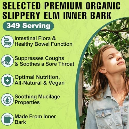 Slippery Elm, Slippery Elm Powder Organic, Elm Bark Made from Inner Bark - 1 Pound (349 Servings), Natural Herbs Helps Soothe The Throat and Coughing & Digestive, Diarrhea - 100% Pure & Vegan