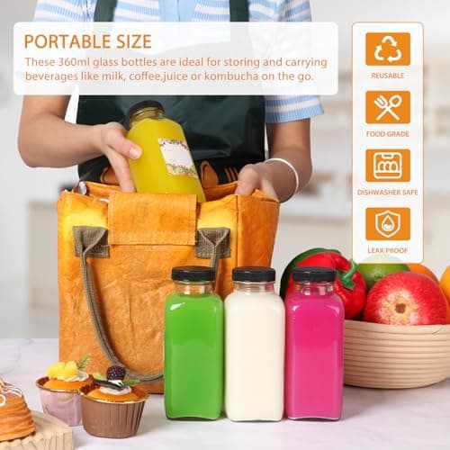 AuroTrends 12 oz Glass Bottles with Lids 12Pack, 360ml Glass Bottles for Juicing, Water, Kombucha - Portable Glass Juicing Bottles Reusable Glass 12oz (12fl.oz, Set of 12)