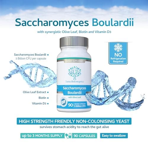 Swiss BioEnergetics Saccharomyces Boulardii 5 Billion CFU 90 Capsules - No Refrigeration Required - High Strength Non-Colonising Yeast with synergistic Olive Leaf, Biotin and Vitamin D3