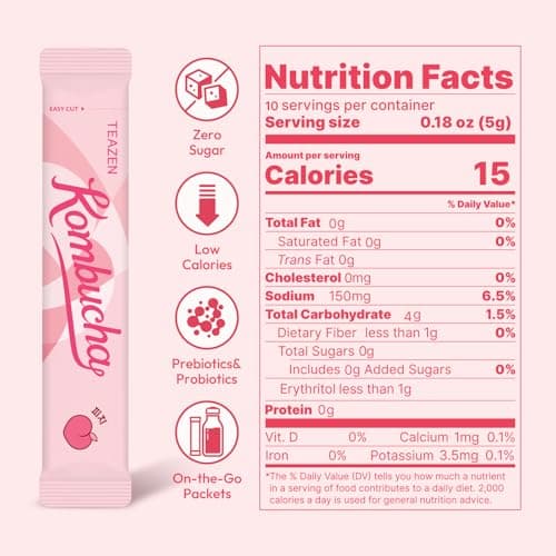 TEAZEN Peach Kombucha Powder, Hydration Drink Mix, Sugar Free, Live Probiotics & Prebiotics, On-the-Go 10 Packets, 1.76oz