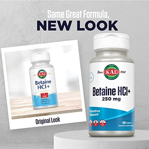 KAL Betaine HCL with Pepsin Supplement for Women & Men - Digestive Enzymes for Gut Health Support, Betaine Hydrochloride 250 mg, Calcium Support for Stomach Acid, Gluten Free, Non GMO - 100 Tablets