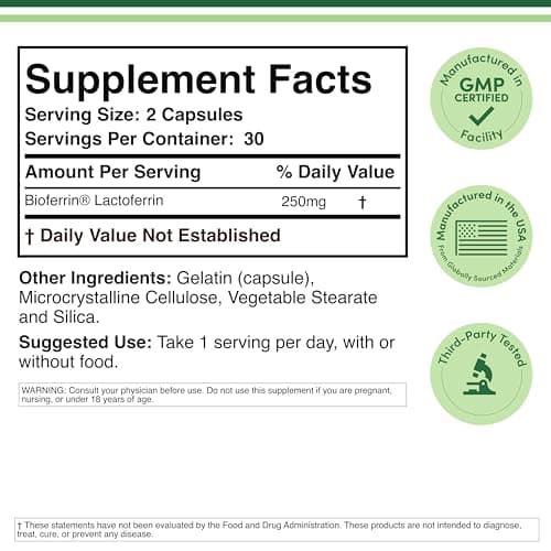 Lactoferrin 250mg per Serving (60 Capsules) Patented Bioferrin Lactoferrin - Superior Iron Supplement for Iron Deficiency and Immune Support by Double Wood Supplements