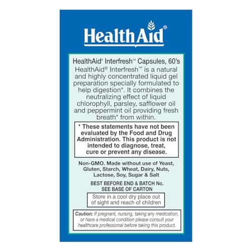 HealthAid Interfresh, 60 Soft Gel Capsules, Twice Daily, Fights Bad Breath and Aids in Digestion and Colon Health, Feel Fresh All Day Long