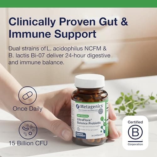 Metagenics UltraFlora Balance Probiotic - Shelf-Stable Daily Gut Health Supplement for Digestive & Immune Support* - Non-GMO & Gluten-Free - 30 Capsules