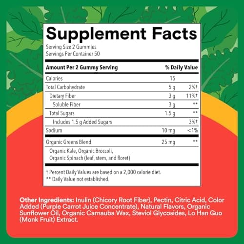 SmartyPants Kids Fiber & Veggies: Prebiotic Fiber Gummies for Kids, Fiber Supplement with Inulin, Organic Green Veggie Blend, Vegan, Gluten Free, Mixed Berry Flavor, 60 Count (30 Day Supply)