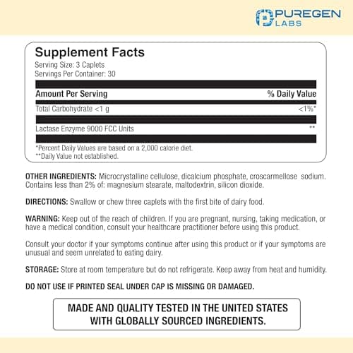 Puregen Labs Dairy Relief Natural Fast Acting Lactase Enzyme 3000 FCC, Lactose Intolerance Pills 90 Caplets