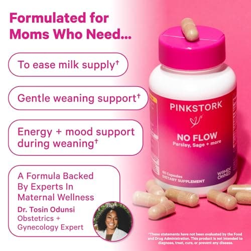 Pink Stork No Flow: Dry Up Breast Milk Supply with Sage, Parsley, and B Vitamins, Postpartum Essentials for Women to Stop Breastfeeding and Decrease Milk Production, 60 Capsules
