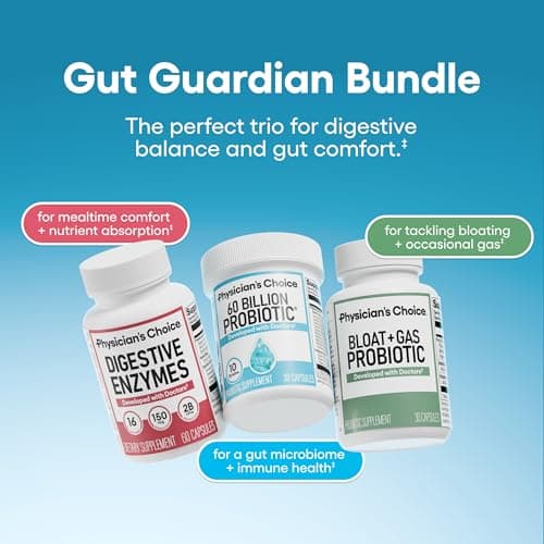Physician's CHOICE Gut Guardian Bundle: Advanced Bloating & Digestion Support with 60 Billion Probiotic, Digestive Enzymes & Bloat + Gas Probiotic - Daily Gut Health Support for Women and Men