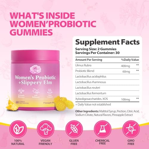 BOSNETHUINH Her Juicy Feminine Probiotics Gummies with Slippery Elm Supports pH Balance Gut Health & Immune System Promote Vaginal Health for Women 60 Pineapple Gummies