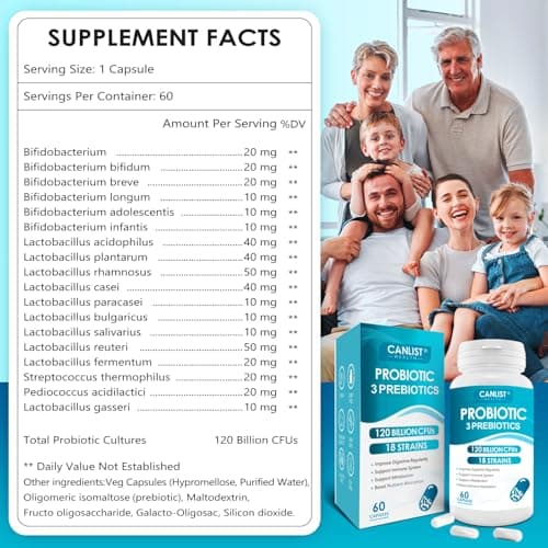 CANLIST Probiotics 120 Billion CFUs 18 Strains, 3 Prebiotics & Digestive Enzymes for Men Women,Digestive & Immune Support,Shelf Stable Non-GMO 60 Capsules