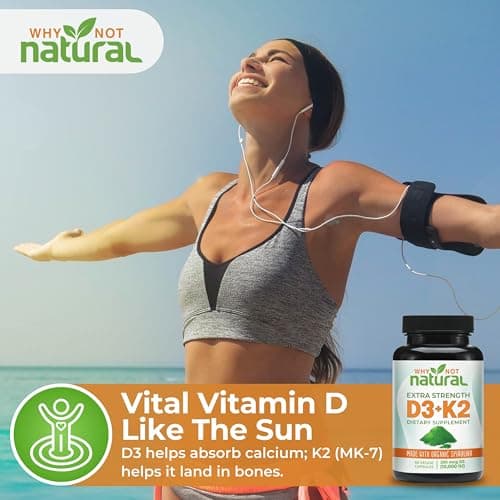 Why Not Natural Vitamin D3 K2 (MK-7) with Organic Spirulina, 10000 IU Extra Strength Supplement in Veggie Capsules, Supports Bone Health, Immune System and Mood