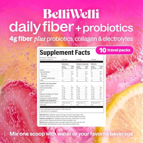Belli Welli Daily Fiber Supplement Packets with Collagen, Probiotics & Electrolytes | Single Serve Packets for Gut Health, Digestion & Debloating | Variety | 10 Count