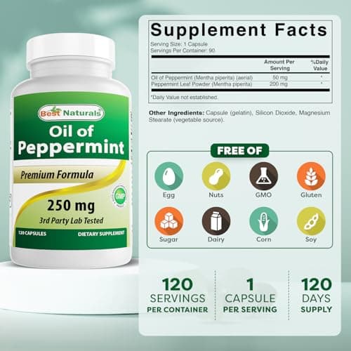Best Naturals Peppermint Oil Bowel Soothing Dietary Supplement, 250 mg, 120 Count