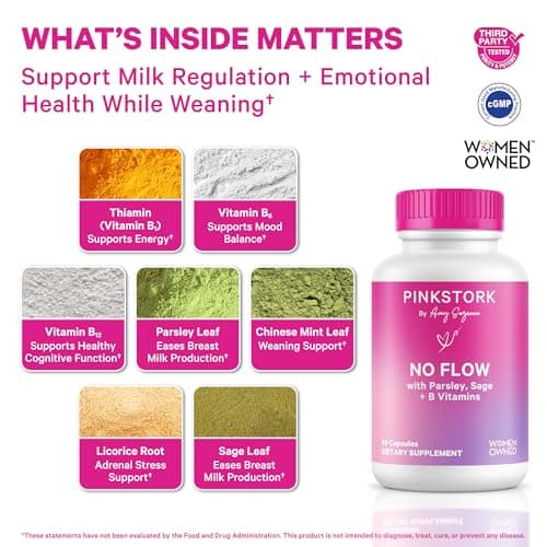 Pink Stork No Flow: Dry Up Breast Milk Supply with Sage, Parsley, and B Vitamins, Postpartum Essentials for Women to Stop Breastfeeding and Decrease Milk Production, 60 Capsules