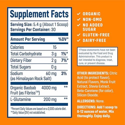 NativePath Organic Baobab Prebiotic Fiber Powder - Digestive Health Supplement - Natural Orange Flavor, 30 Servings