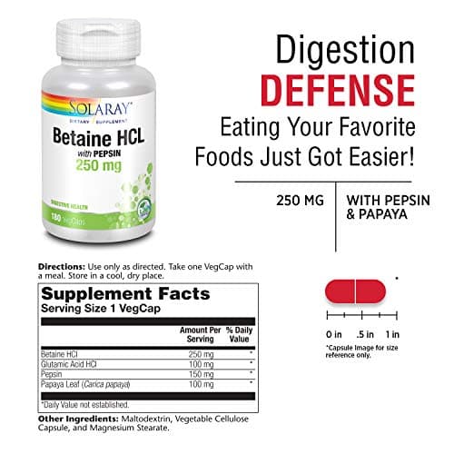 SOLARAY Betaine HCl with Pepsin 250 mg Supplement for Men & Women - Digestive Support, Betaine Hydrochloride Capsules, Gut Health Support Formula, Gluten Free - 180 Veg Cap Ct