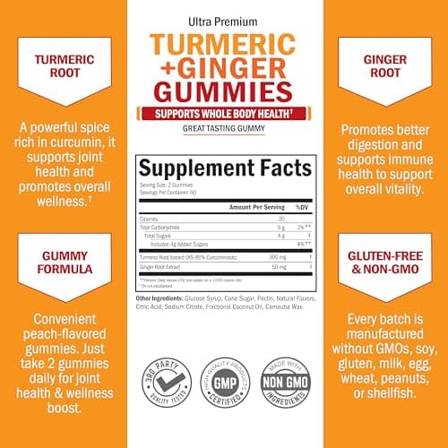 Turmeric Curcumin with Ginger Gummies - Natural Extra Strength Joint Support Supplement, Delicious Peach Flavor Ultra High Absorption Turmeric Supplement Non-GMO, Gluten Free 120 Count