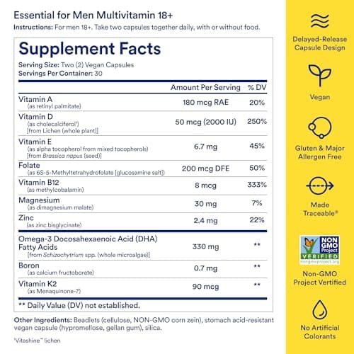 Ritual Men’s 18+ Daily Multivitamin - Key Essential Vitamins and Minerals to Support Energy, Muscle, Heart, Brain Health* - Including Zinc, D3, B12, A, K2 - Vegan - Mint - 60 Capsules - 30 Servings