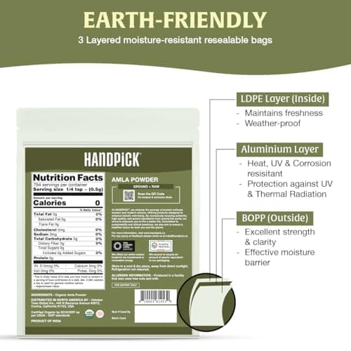 HANDPICK Organic Amla Powder (14oz) Amalaki, USDA Organic, Non-GMO | 100% Raw and Natural - Lab Tested for Purity | Indian Gooseberry Powder | Resealable Zip Lock Pouch