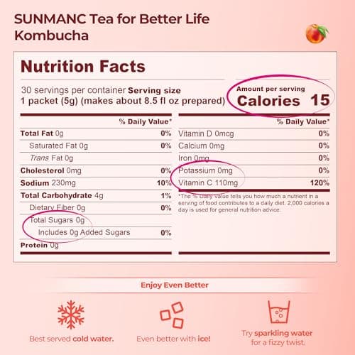 SUNMANC Peach Kombucha 30 Packets - 0g Sugar & 15 Calories - 19 Probiotic Strains & Vitamin C - Refreshing Sparkling Drink Mix for Digestive Support - Perfect K-Food Pairing (Peach)