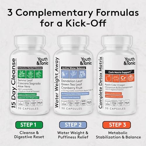 Youth & Tonic 3pk Detox Cleanse Kick-Off - Colon Cleanser & Water Loss Support - 15 Day Weight Management for Bloating & Water Retention Relief, Body, Gut & Colon Cleanse - 90 Capsules for Women & Men