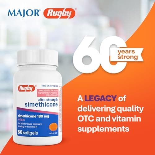 Rugby Ultra Strength Simethicone Gas Relief 180 mg - Maximum Relief for Adults - May Help with Symptoms of Flatulence & Bloating - 60 Softgels (1 Pack)