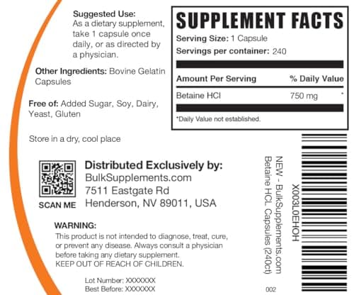 BulkSupplements.com Betaine HCl Capsules - Betaine Hydrochloride Supplement for Digestive Support, Betaine HCl 750mg - Gluten Free, 1 Capsule per Serving, 240 Capsules (Pack of 1)