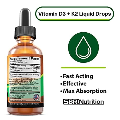 SBR Nutrition MAX Absorption, Vitamin D3 + K2 (MK-7) Liquid Drops with MCT Oil, Peppermint Flavor, Helps Support Strong Bones and Healthy Heart