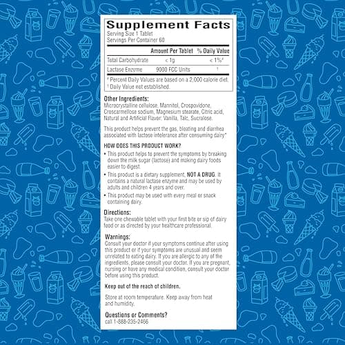 A+Health Dairy Relief Lactase Enzyme 9000 FCC Chewable Tablets, 60 Count, Fast Acting, Dye-Free, Dietary Supplement, Vanilla Flavor, Single Serve Pouches, for Adults and Children 4 Years and Up