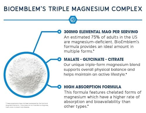 BioEmblem Triple Magnesium Complex | 300mg Magnesium Glycinate, Malate & Citrate | High Absorption Chelated Formula | Vegan, Non-GMO, Gluten-Free | 90 Capsules