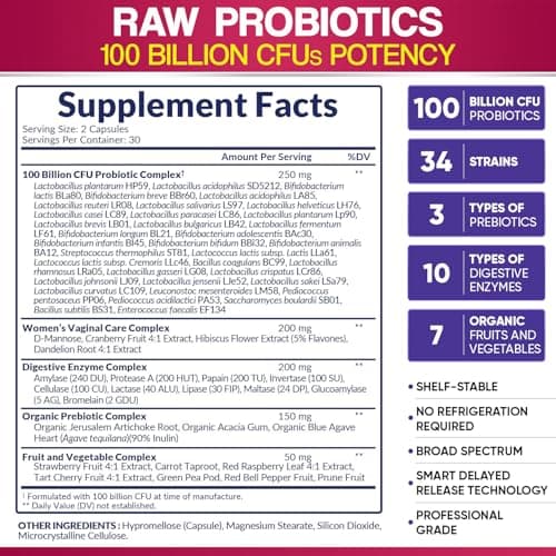 Wholesome Wellness Dr. Formulated Raw Probiotics for Women 100 Billion CFUs Capsules with Prebiotics, Digestive Enzymes, Approved for Adults, Shelf Stable Supplement