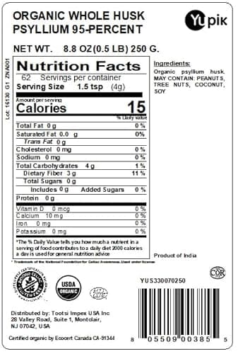 Yupik Organic Whole Husk Psyllium 8.8 Oz, 95% Purity, Soluble Fiber, USDA Certified, Non-GMO, Kosher, Gluten-Free, Sugar-Free & Fat-Free, Unflavored, Plant-Based, Ideal for Oatmeal & Cereal