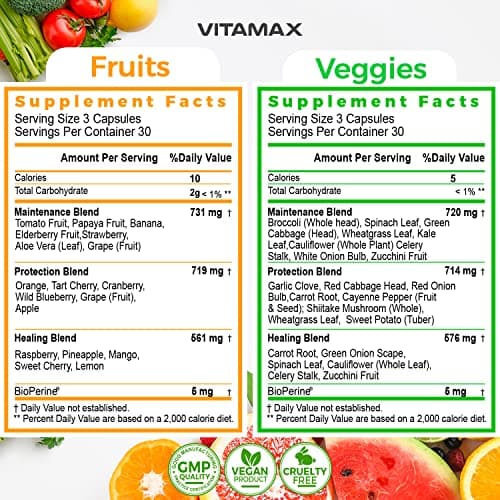 Vitamax Super Fruit and Vegetable Supplements – Whole Superfood Vitamins & Minerals – 90 Veggie and 90 Fruit Capsules for Women, Men, and Kids - Soy Free – Made in The USA
