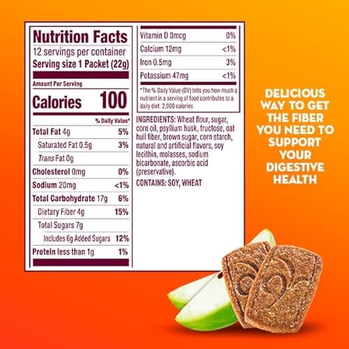 Metamucil, Fiber Thins, Daily Psyllium Husk Fiber Supplement, Supports Digestive Health and Satisfies Hunger, Apple Crisp Flavor, 48 Total Servings (4 Packs of 12)