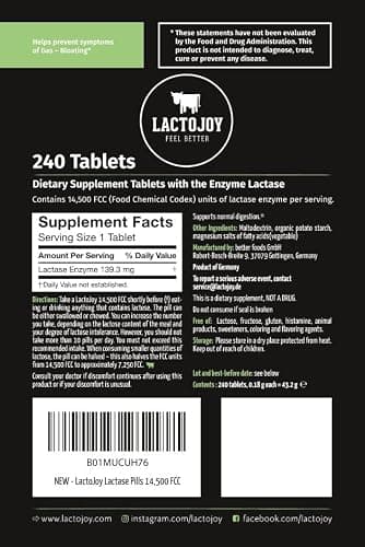 LactoJoy Lactase Pills 14.500 FCC I 240 Pieces Refill Package I Powerful Lactase Enzymes for Lactose Intolerance I Ultra Pure Lactase for Improved Digestion I 100% Vegan