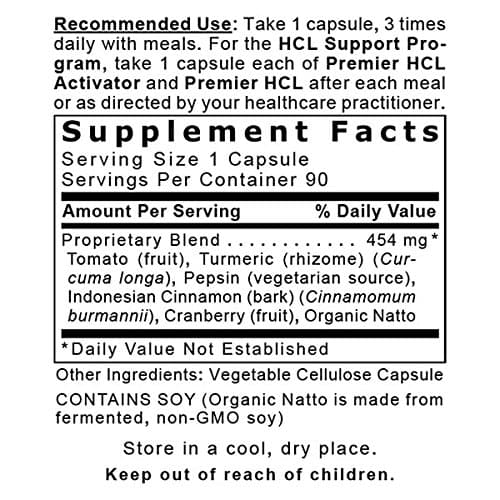 Premier HCL Activator, 90 Capsules, Vegan Product - Digestive and Whole Body Health Support with Pepsin (Vegetarian Source); Designed for Use with Premier HCL