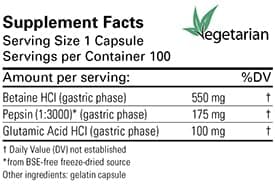 Karuna HCl-Pepsin (100 Vegetarian Capsules) | Betaine HCI 550mg, Pepsin (1:3000) 175mg, Glutamic Acid HCI 100mg
