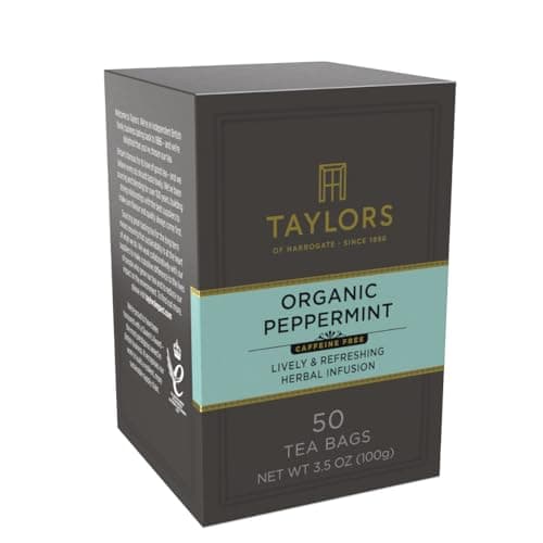 Taylors of Harrogate Organic Peppermint, Herbal Tea, Pillow Tea Bags, 50 Count (Pack of 1), Clean, Pure and Refreshing, Caffeine-Free, Enjoy Hot or Iced, 50 Teabags