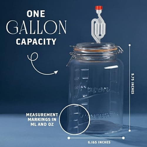 kitchentoolz 1-Gallon Mason Glass Fermenting Jar with Airlock Lid – Wide Mouth with Ounce & Milliliter Markings for Mead, Kombucha, Beer, Wine & Pickling