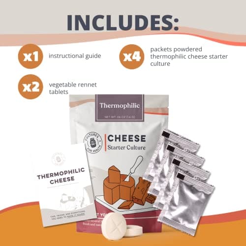 Cultures for Health Thermophilic Cheese Starter Culture | 4 Gluten-Free Direct-Set Packets + 2 Vegetable Rennet Tablets | DIY Hard Cheese–Parmesan, Mozzarella, Asiago & Swiss