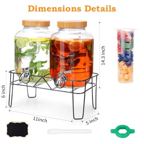 2 Pack 1 Gallon Glass Drink Dispenser with Bamboo Lids, Beverage Dispenser with Stand, Drink Machine for Lemonade, Iced Drinks Kombucha Dispenser for Parties