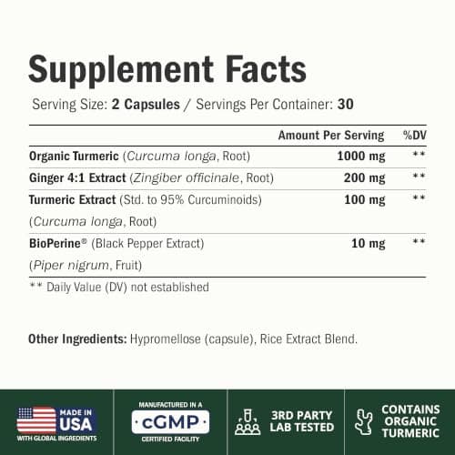 Turmeric and Ginger Supplement with Black Pepper for Joint Support, Digestive & Gut Health - Contains Organic Turmeric with Ginger Root Supplement and BioPerine for Enhanced Absorption - 60 Capsules